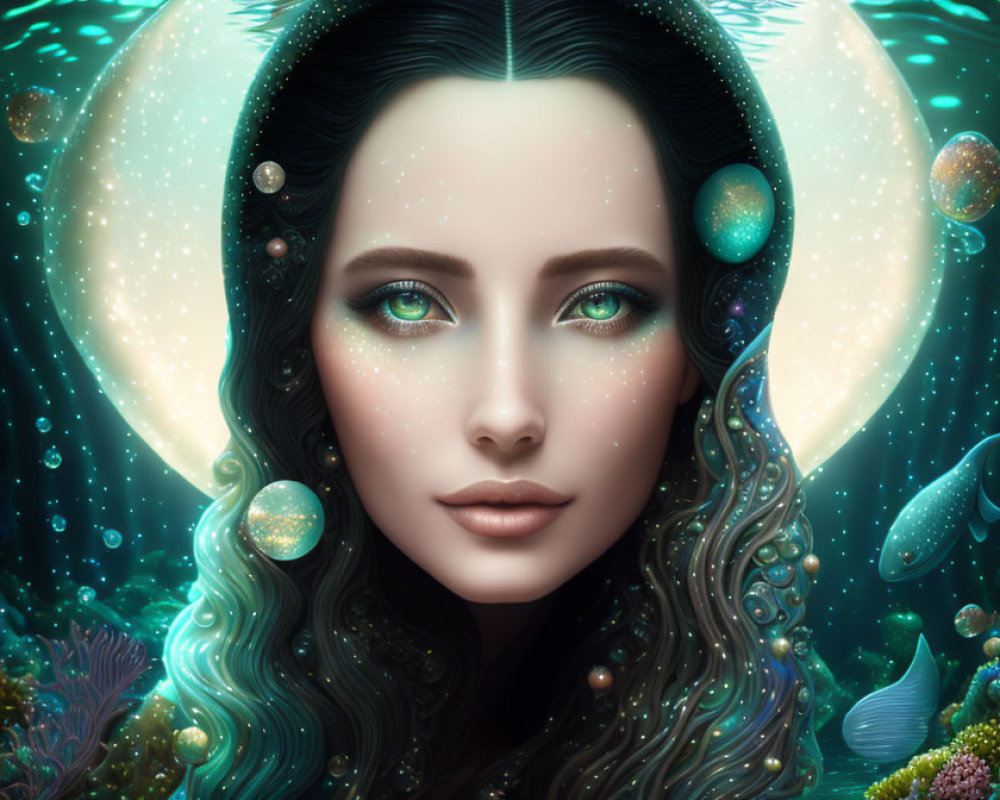 Cosmic-themed digital art portrait of a woman with planets and stars in her hair