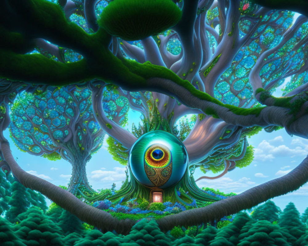 Fantasy landscape with giant peacock eye structure and mystical doorway in alien forest