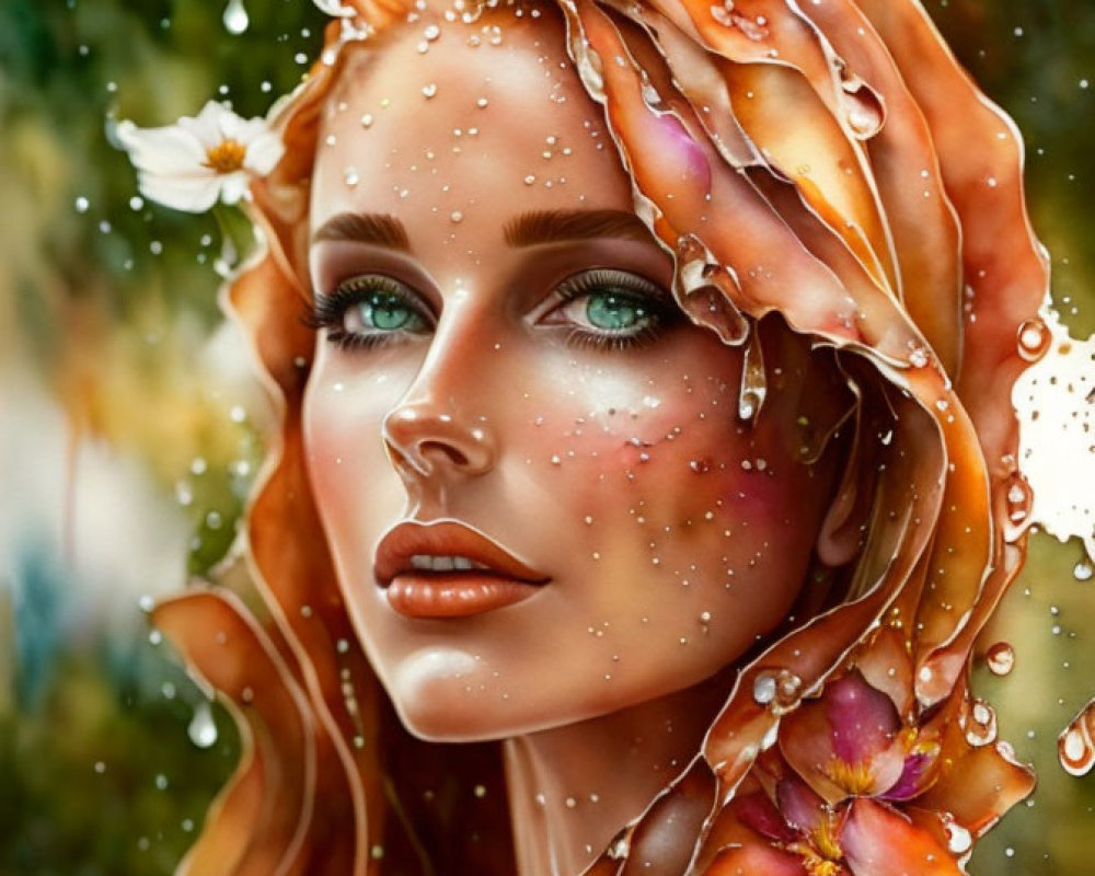 Illustration: Woman with red hair and green eyes, water droplets, flowers, butterflies