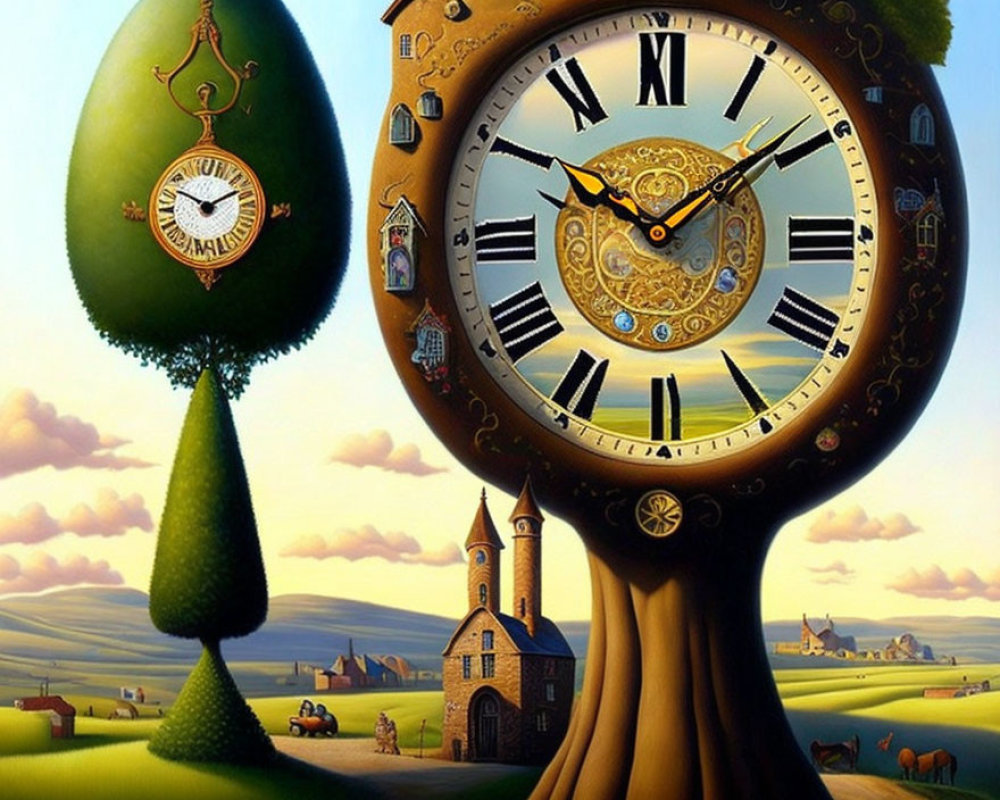 Ornate clock merges with tree in surreal landscape