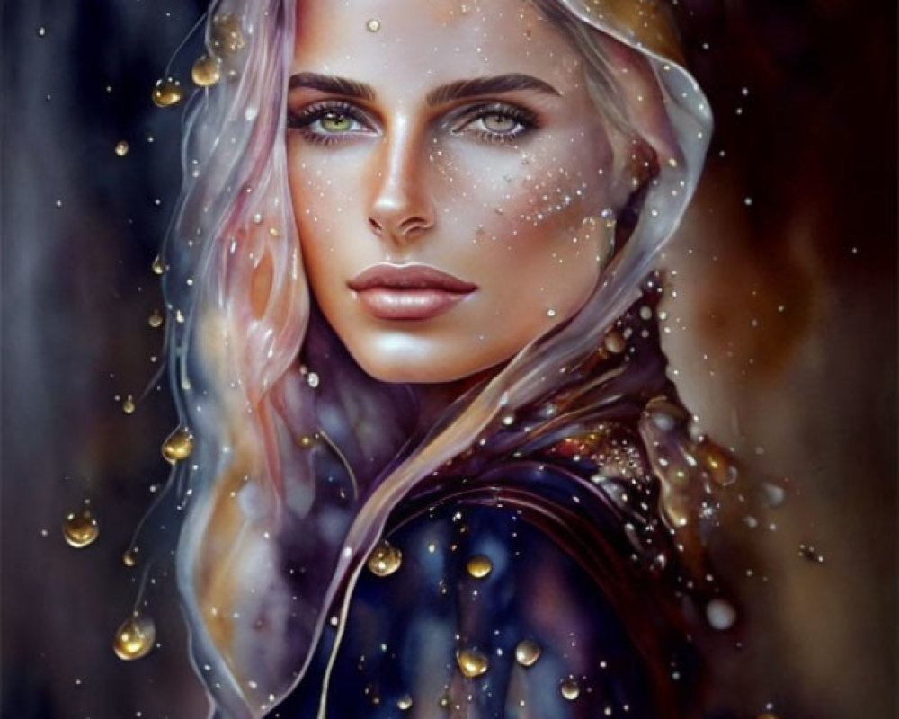 Woman with Blue Eyes and Blonde Hair in Rainy Scene