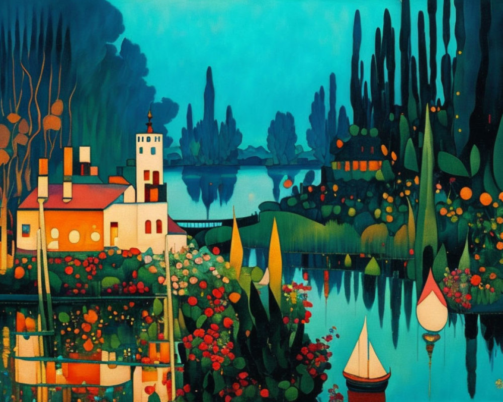 Colorful landscape painting with church, trees, river, bridge, and sailboat depicted in stylized