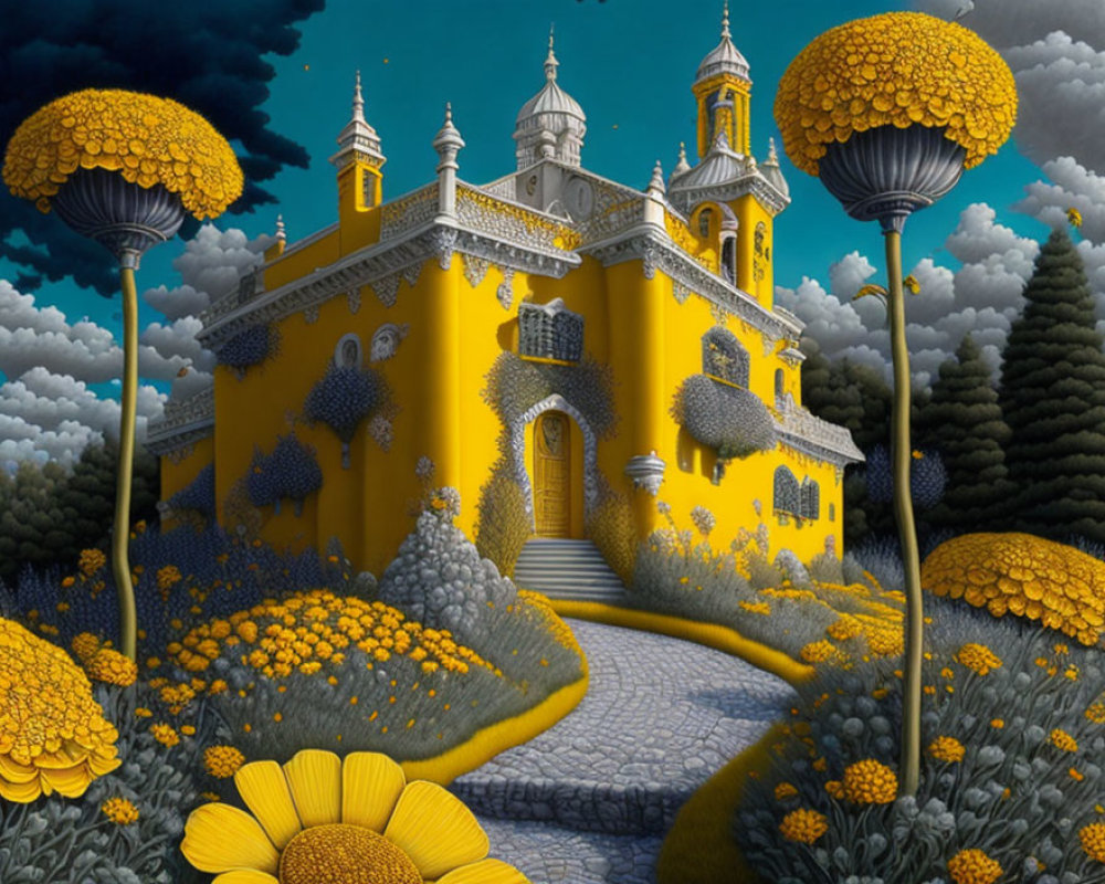 Surreal landscape with yellow classical building, oversized flowers, blue trees, cobblestone path,