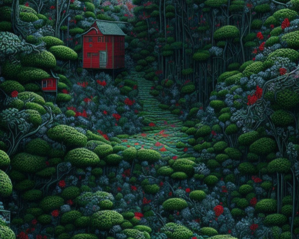 Lush green forest with red house and vibrant flowers