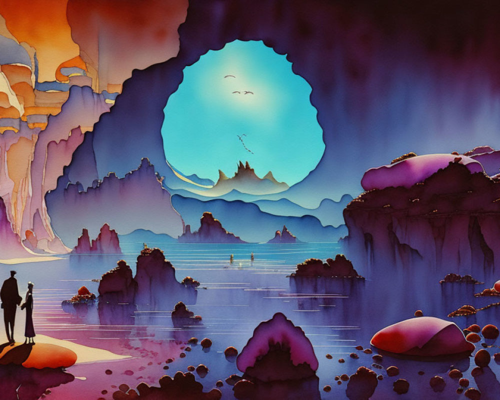 Colorful Stylized Landscape with Silhouetted Figures and Reflective Water