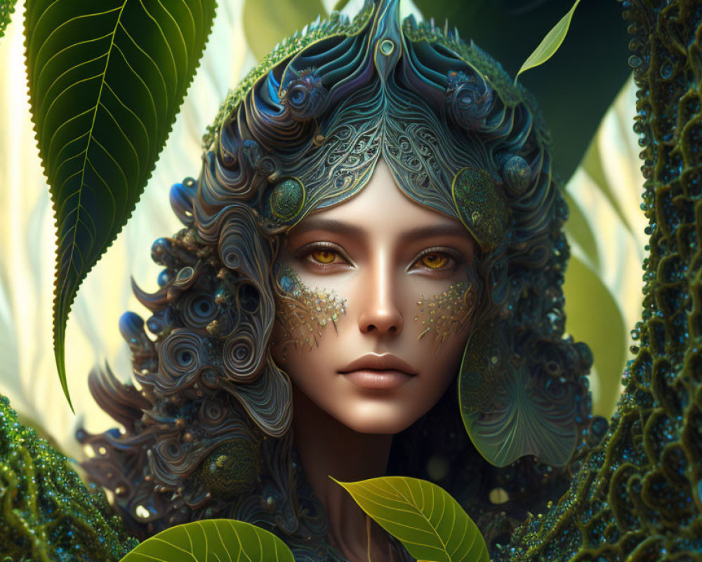 Digital art portrait of woman with nature-inspired headdress and peacock feather details.