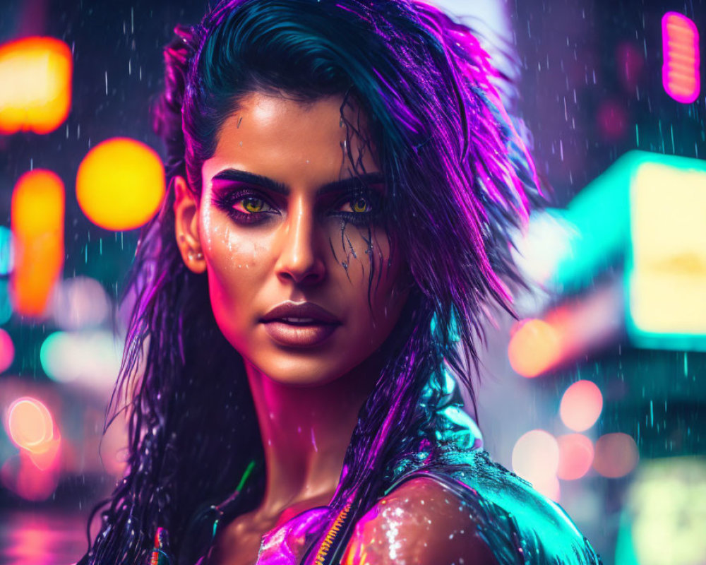 Woman with wet hair and makeup in rain with neon city lights.