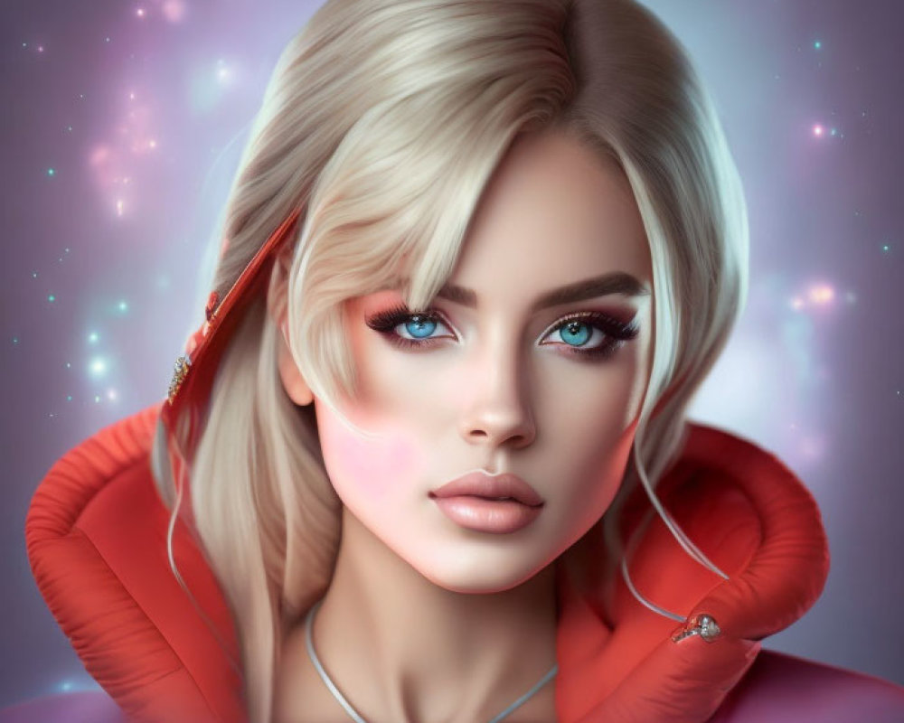 Platinum Blonde Woman in Red Hoodie on Pink Starry Background