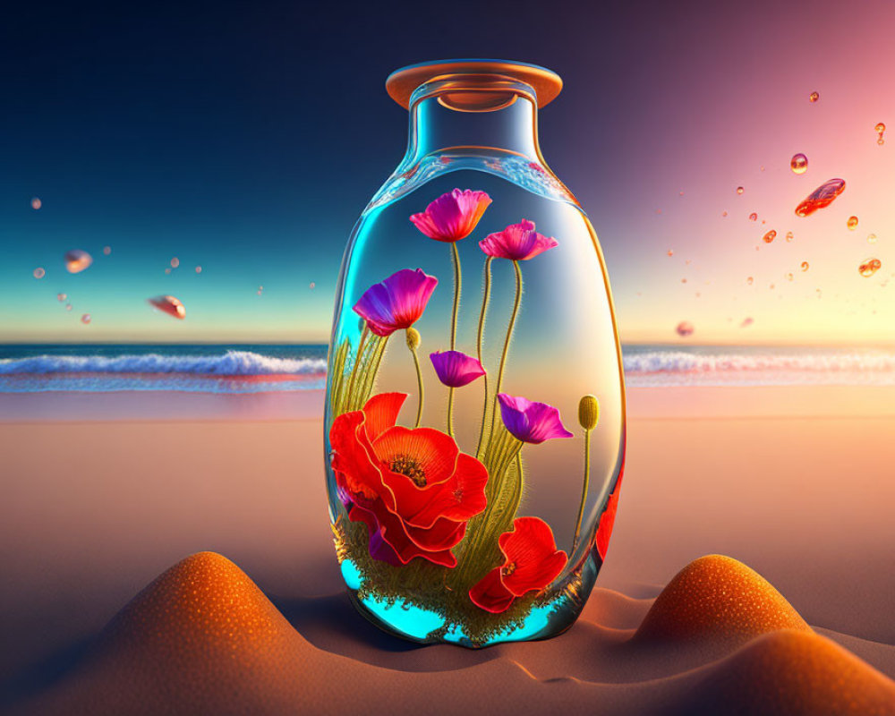 Digital artwork: Transparent vase, red and pink flowers, sandy beach, sunset, ocean