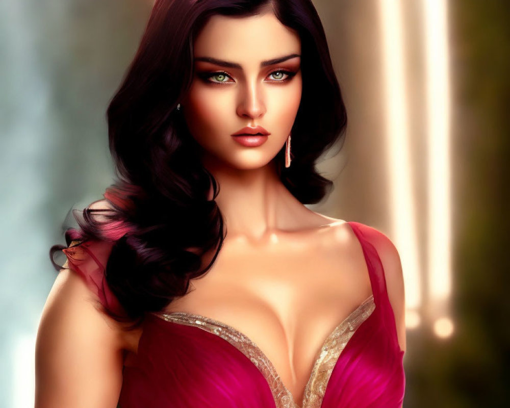 Portrait of Woman with Emerald Eyes and Red Dress on Blurred Background