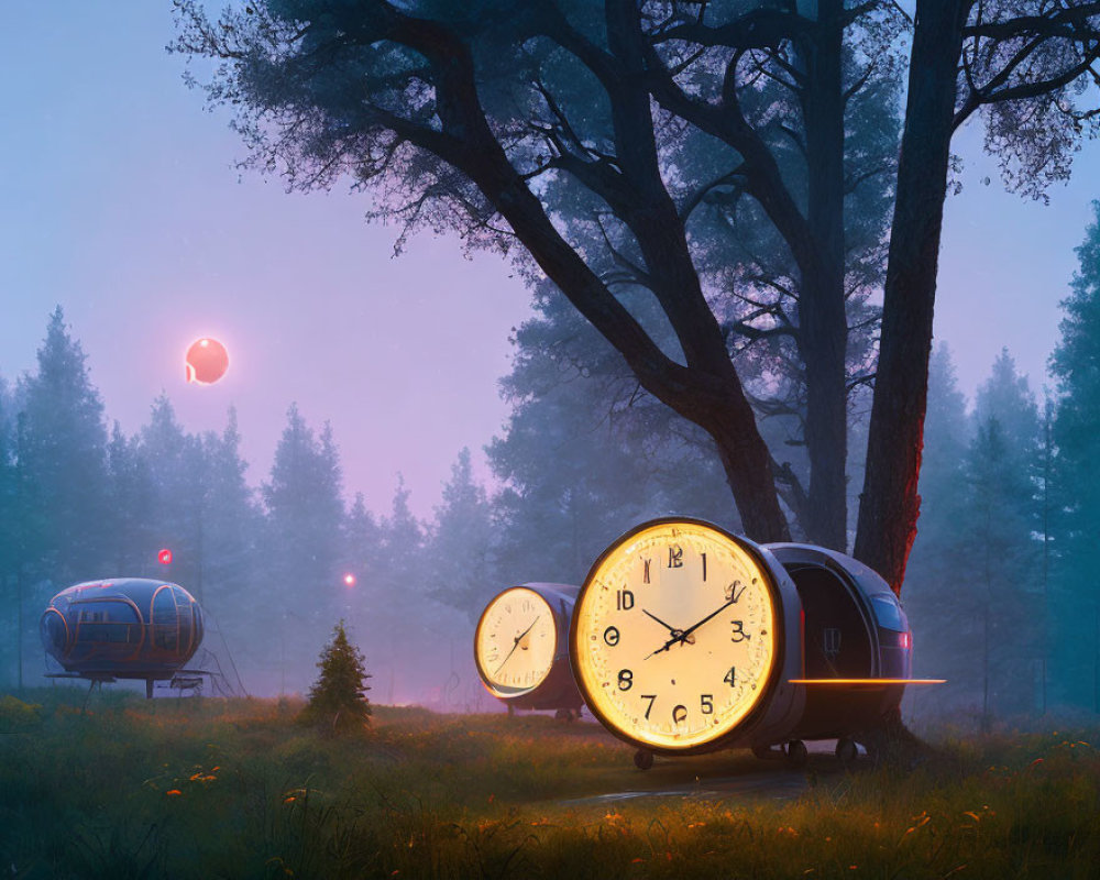 Twilight forest scene with oversized clocks, red moon, and futuristic structures