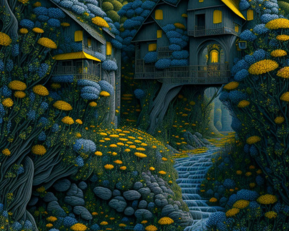Whimsical night illustration of cozy houses surrounded by vibrant flora and glowing flowers