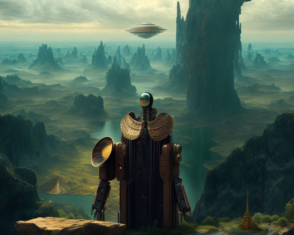 Robot overlooking fantastical landscape with rock formations, spaceship, and ancient structures.