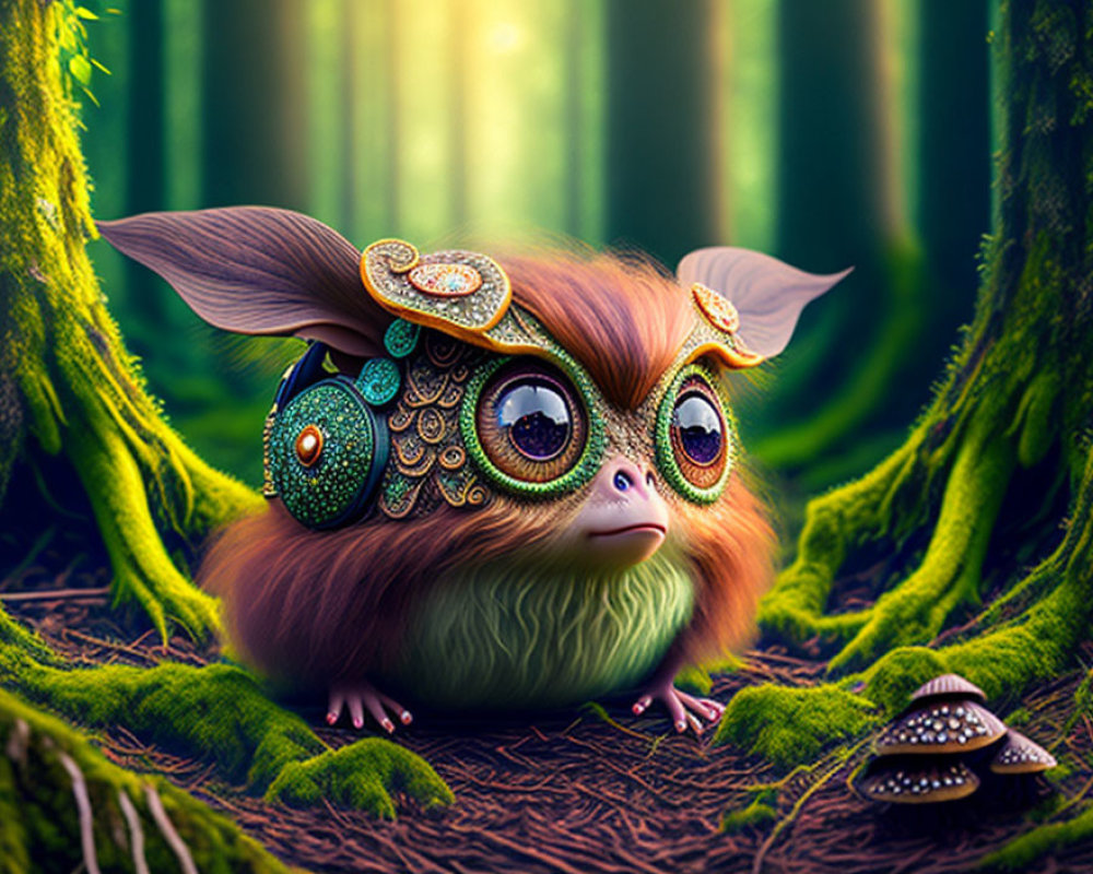 Fluffy green creature with jewel-encrusted headphones in mystical forest