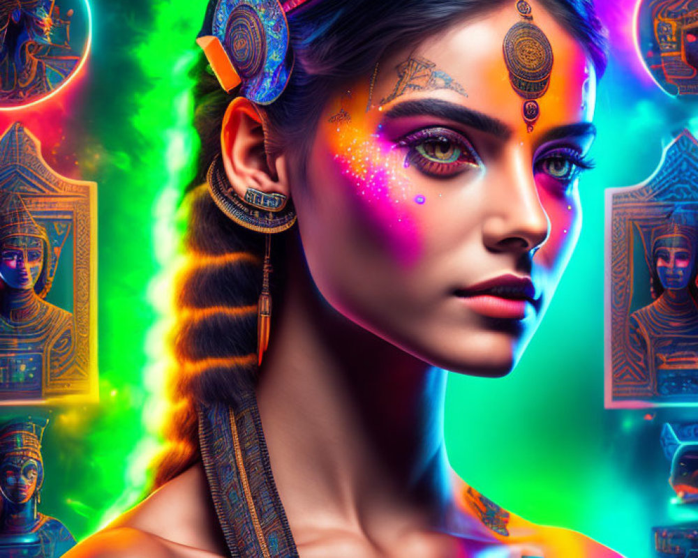 Colorful Psychedelic Background with Vibrant Neon Makeup and Egyptian Motifs