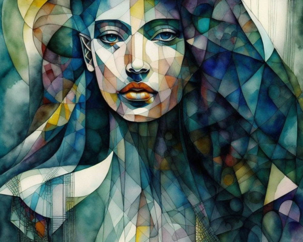 Abstract watercolor painting of woman's face with geometric patterns