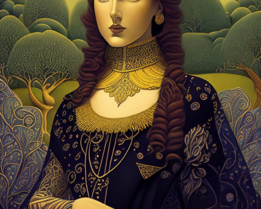Red-haired woman in dark dress with golden accessories against moonlit landscape