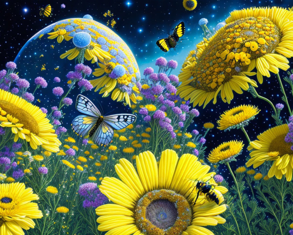 Fantastical scene with oversized flowers, butterflies, moon, and planets