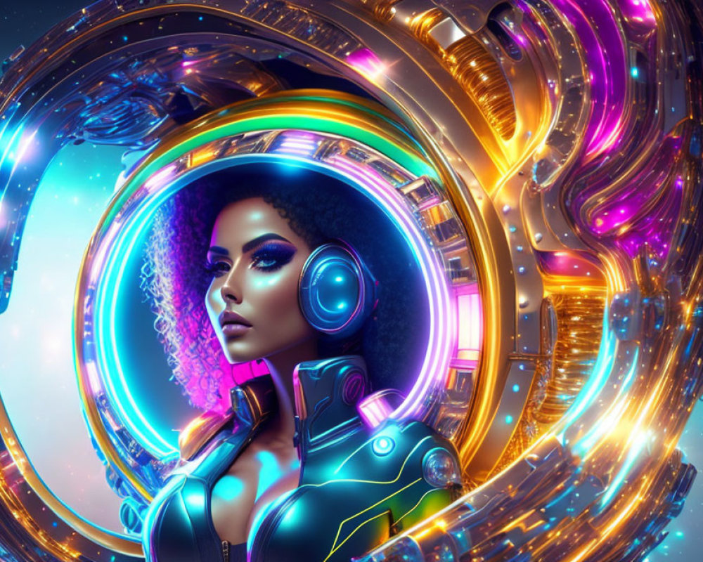 Futuristic woman with headphones in neon-lit setting