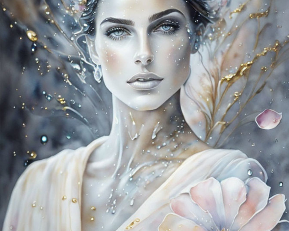 Ethereal portrait of a woman with floral adornments and sparkling freckles