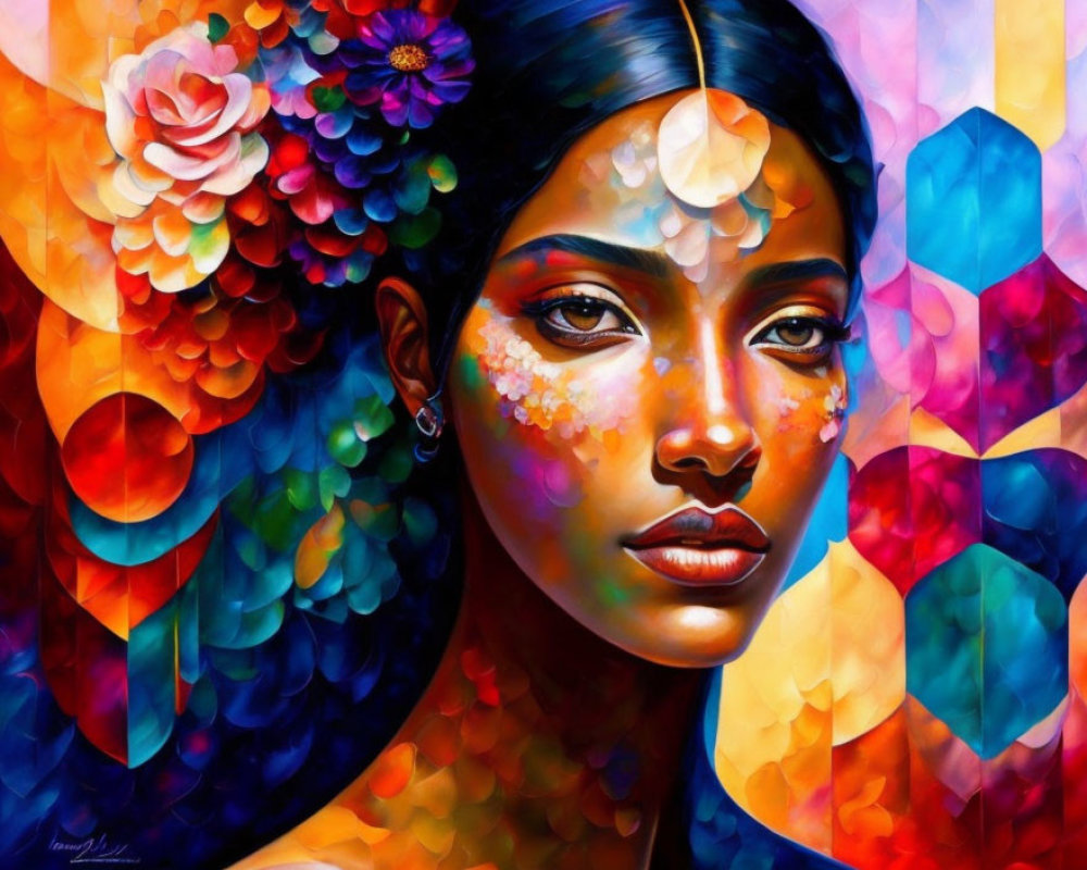 Colorful floral pattern portrait against abstract background