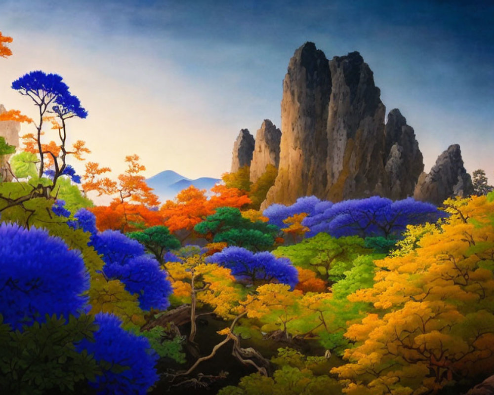 Colorful landscape painting: mountain peak, vibrant trees, blue, purple, orange foliage