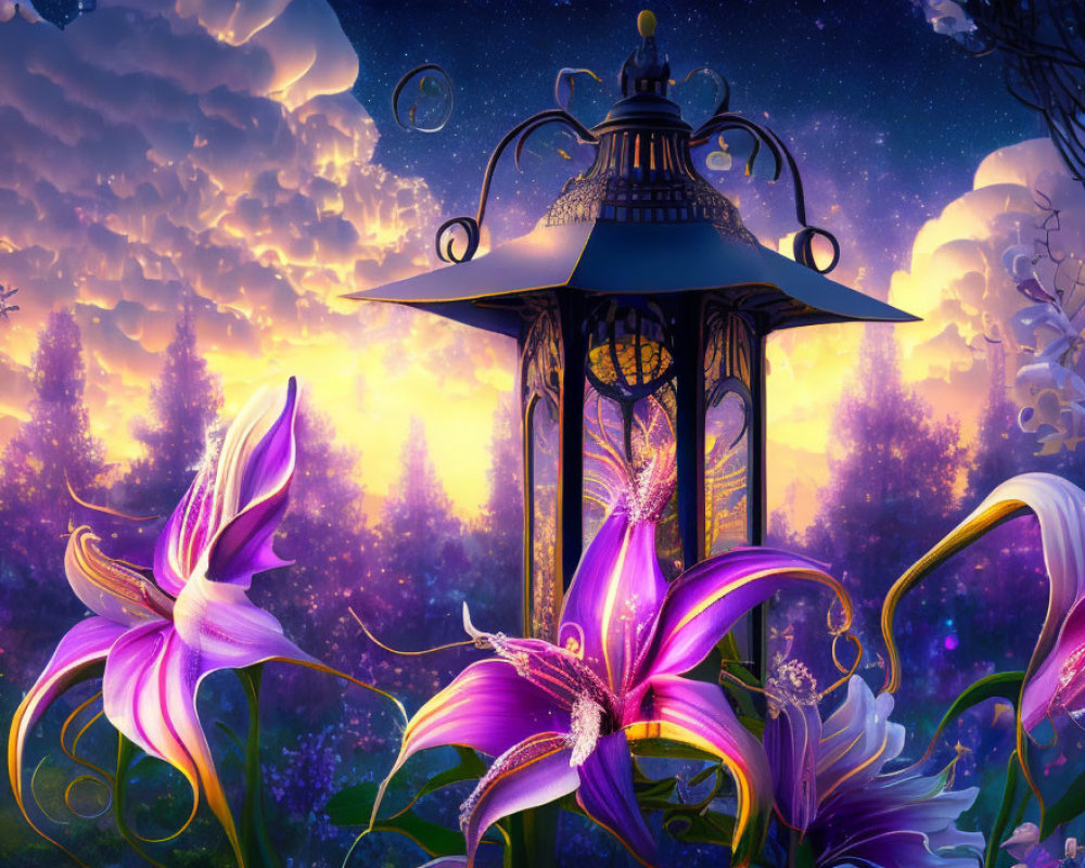 Fantasy landscape with oversized purple flowers, lantern, and mystical forest