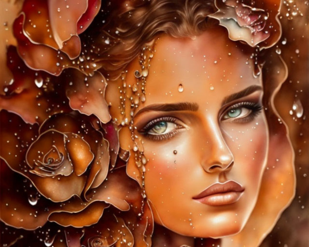 Surreal portrait of a woman with vibrant roses and water droplets