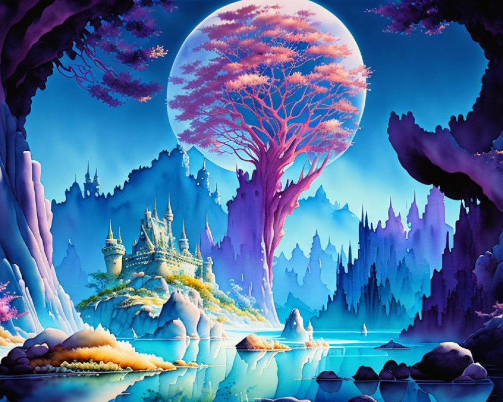 Fantasy landscape with castle, red tree, spiky peaks, full moon, and water reflections