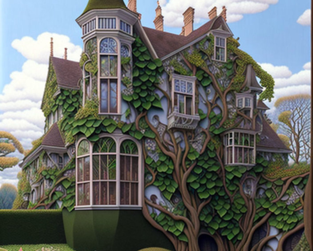 Victorian-style house surrounded by lush greenery and towering trees under a cloud-dotted sky