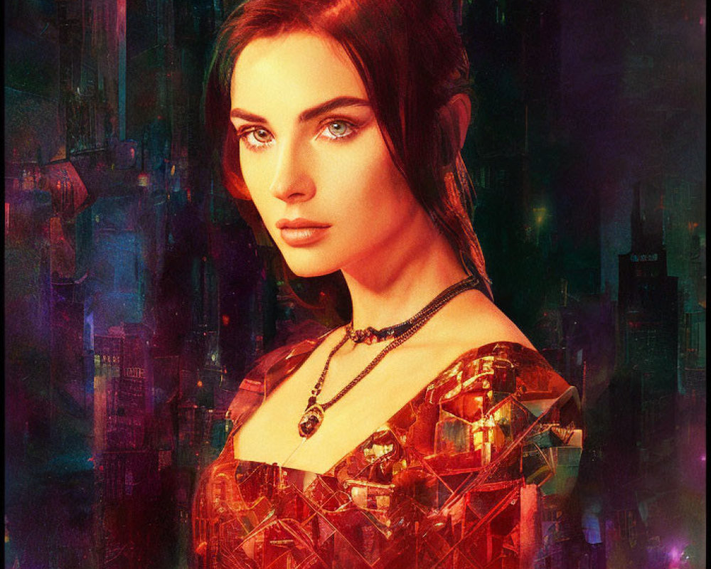 Woman with deep blue eyes in cyberpunk cityscape.