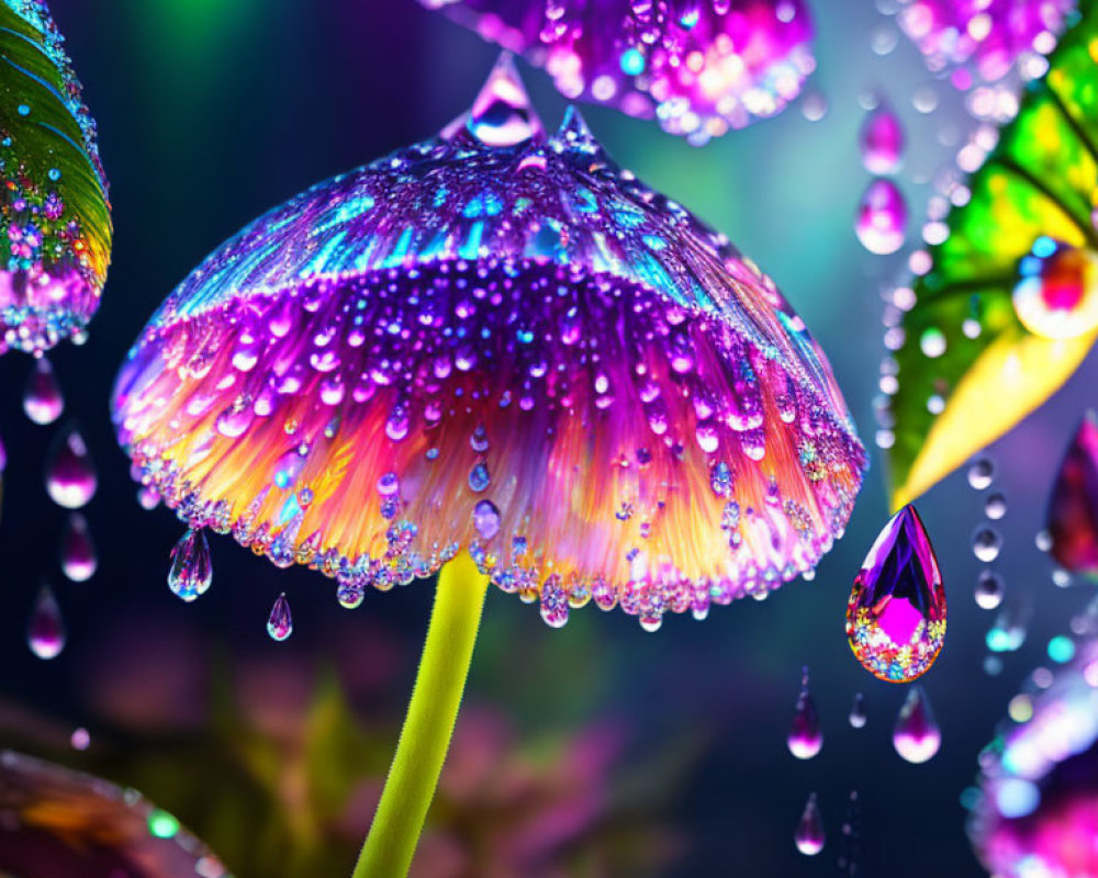 Colorful Mushroom Cap with Water Droplets on Bokeh Background