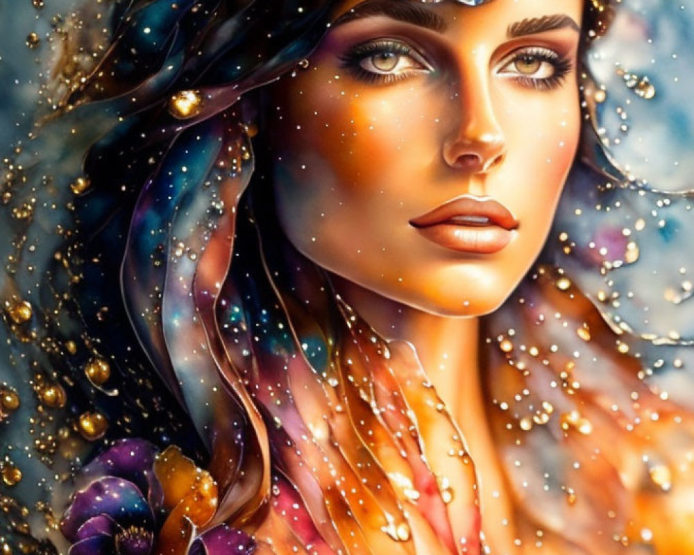 Colorful artwork of woman with striking eyes and golden sparkles