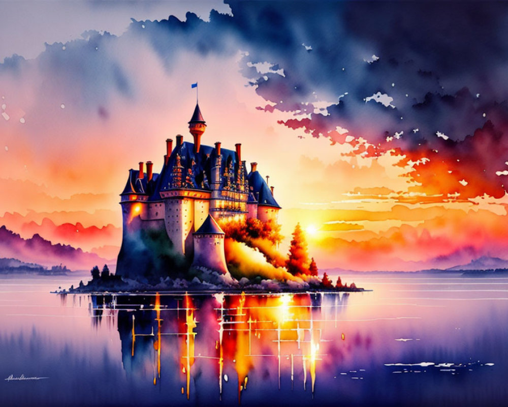 Enchanting castle on island at sunset with misty mountains