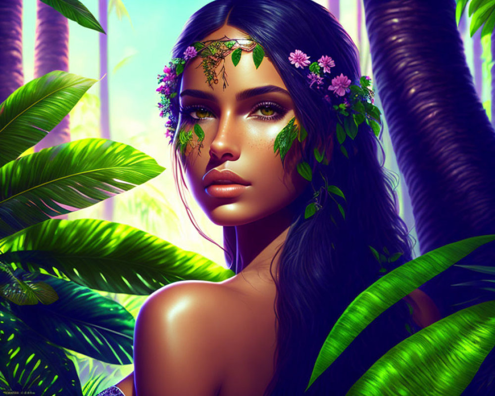 Woman with floral hair adornments in vibrant tropical digital artwork