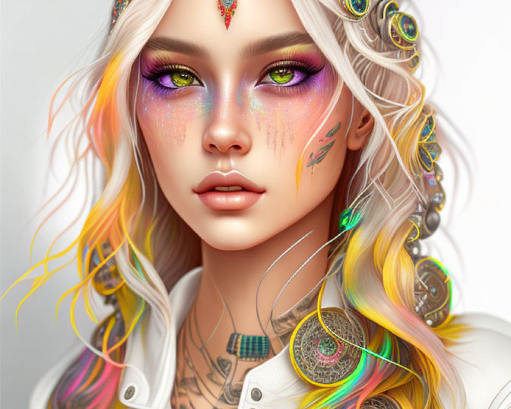 Colorful Digital Portrait of Woman with Rainbow Hair & Intricate Tattoos