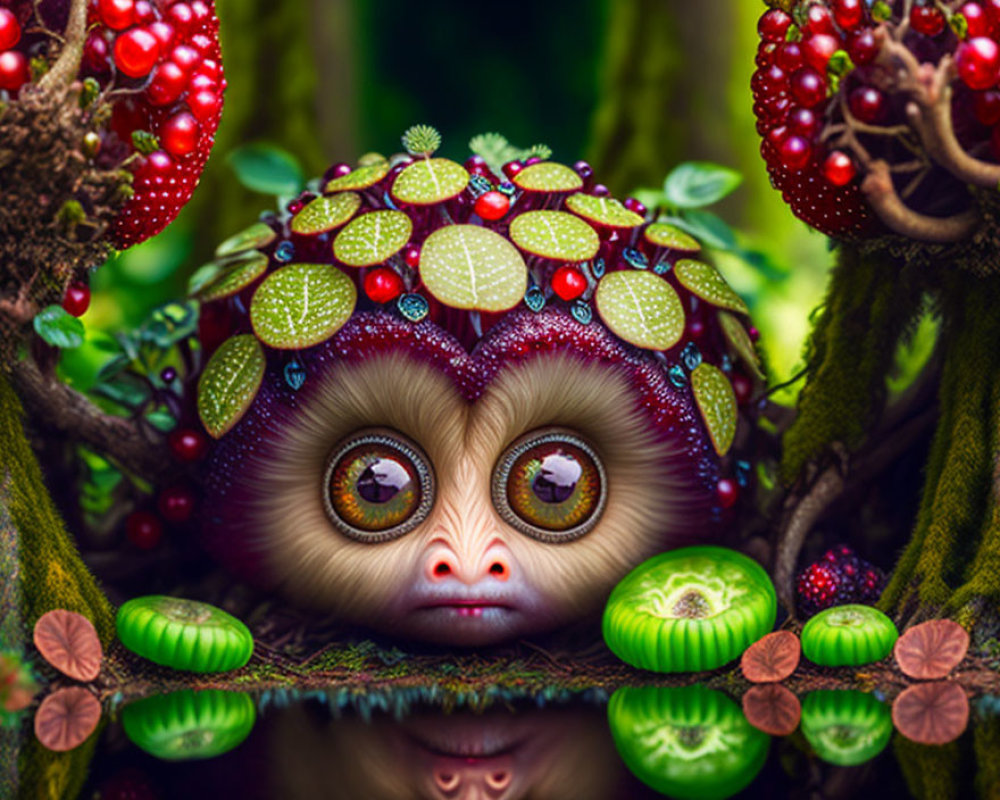 Whimsical creature with large eyes in foliage with berry cap