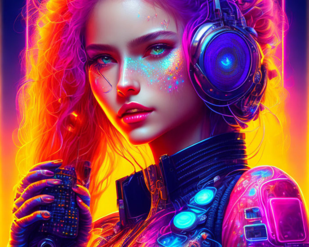 Vibrant digital artwork: Woman with pink hair, headphones, futuristic clothing on neon backdrop.