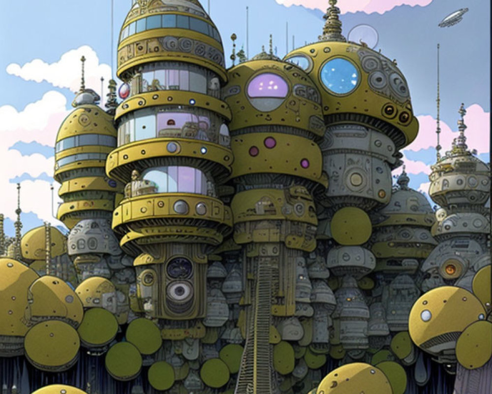 Futuristic cityscape with golden domes and floating objects