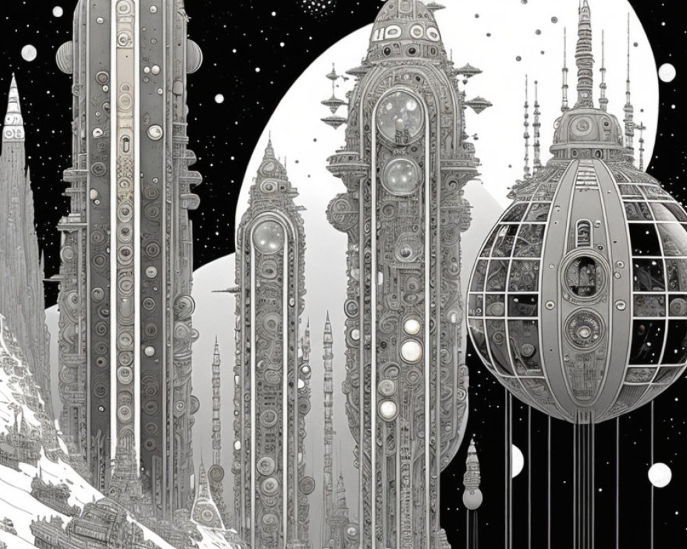 Futuristic cityscape with tall ornate towers and glowing orbs