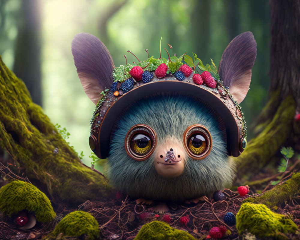 Whimsical creature with large ears and helmet in mystical forest