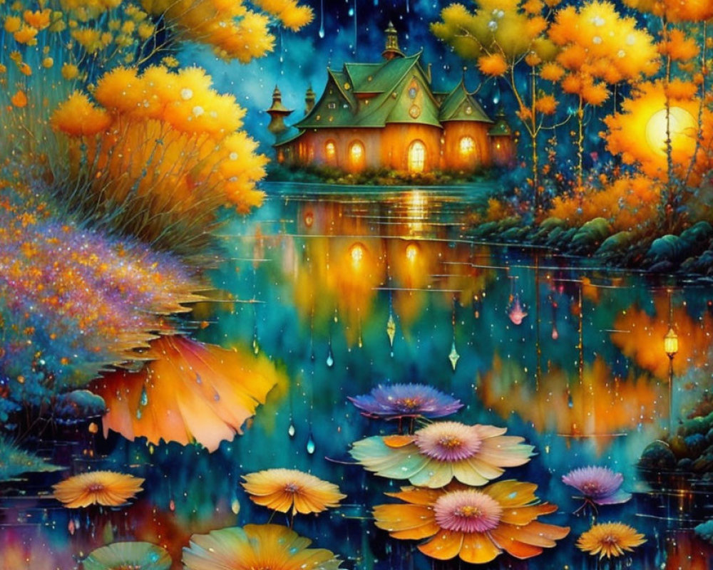 Fantasy painting: Luminous cottage by lake with colorful flora and glowing lanterns