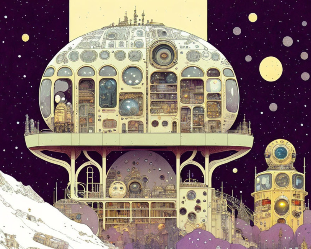 Illustration of retro-futuristic city with dome-shaped buildings