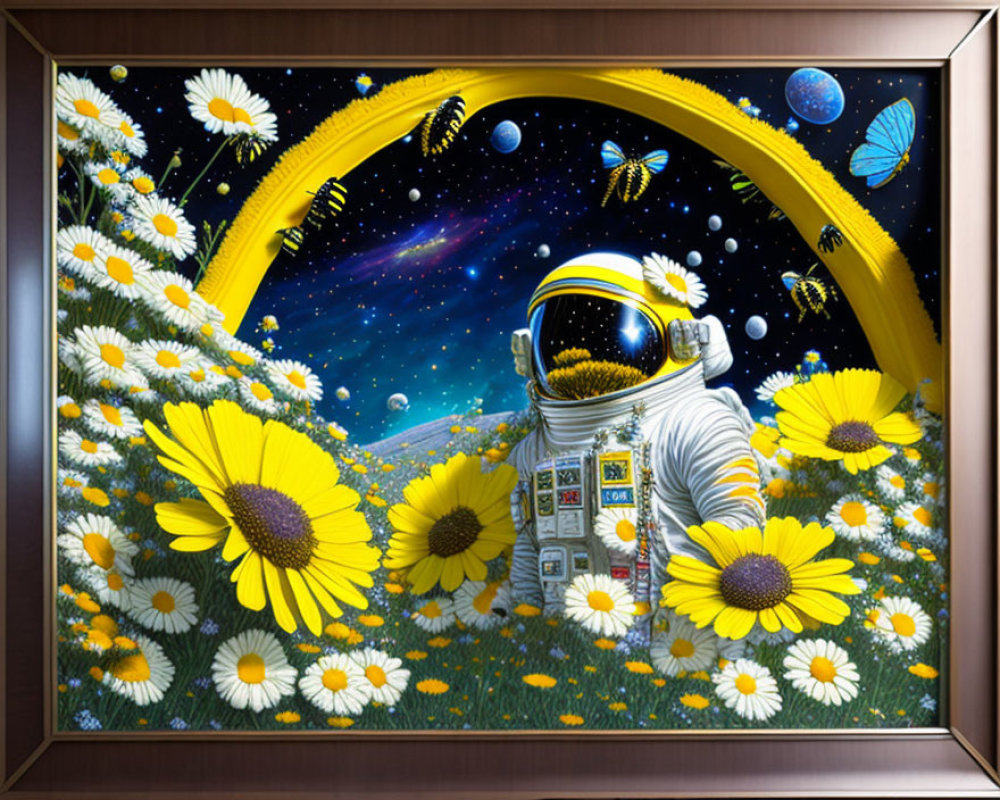 Colorful astronaut surrounded by daisies in cosmic scene with yellow arch, stars, and butterflies