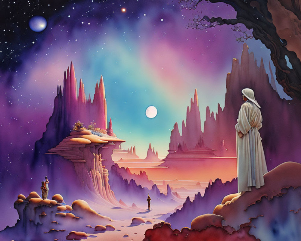 Robed figure gazes at colorful fantasy landscape