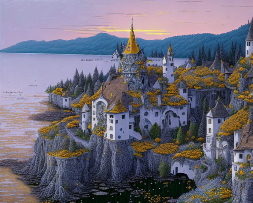 Scenic lakeside village with white buildings and golden rooftops at dusk
