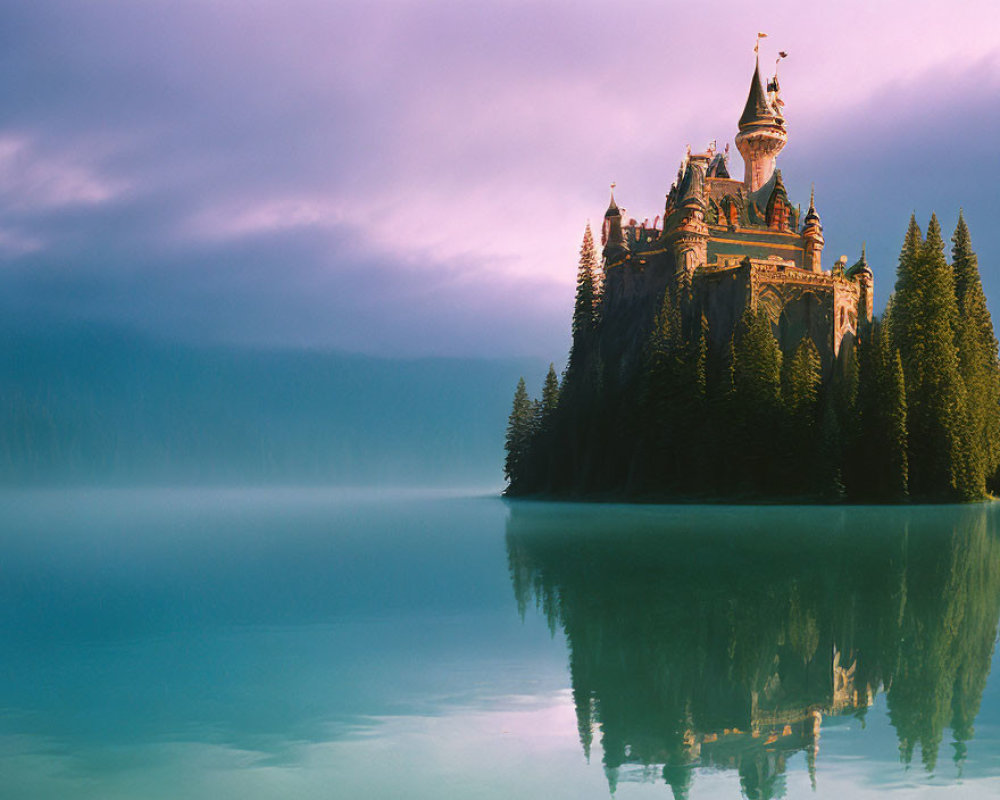 Castle on Forested Island Reflecting in Calm Lake at Dusk