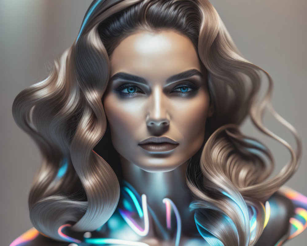 Hyperrealistic Digital Portrait of Woman with Brown Hair and Neon Jacket