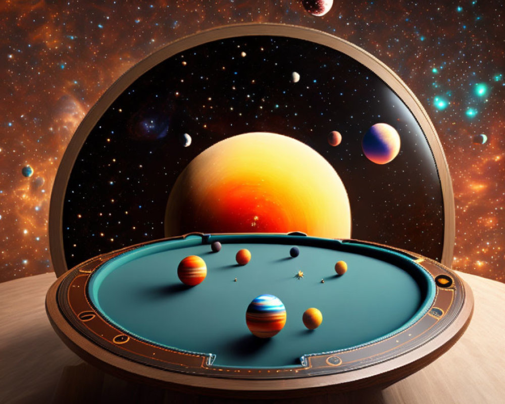 Surreal image: Planets as billiard balls on pool table