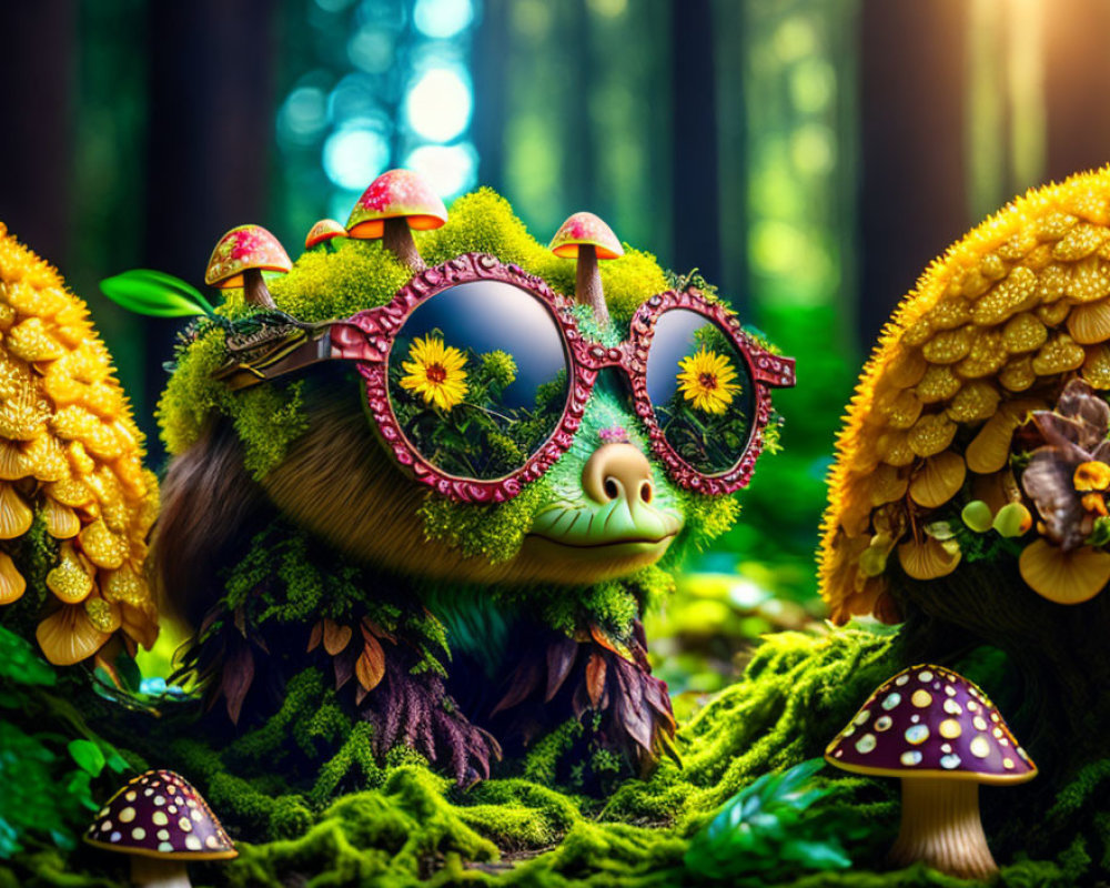 Whimsical creature with mossy fur and sunflower ears in enchanted forest